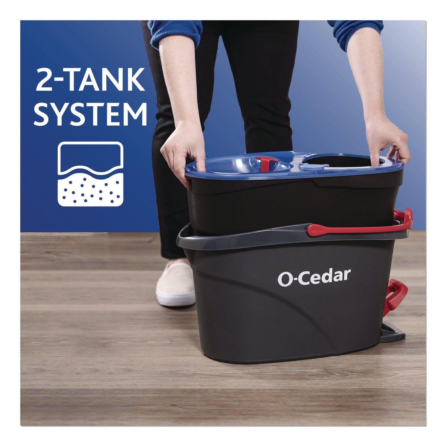 O-Cedar® EZWring RinseClean Spin Mop System, Blue/White Microfiber Head, Up to 51" Adjustable Red/Gray Handle