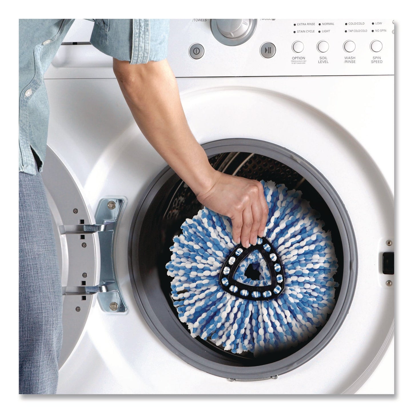 O-Cedar® EZWring RinseClean Spin Mop System, Blue/White Microfiber Head, Up to 51" Adjustable Red/Gray Handle