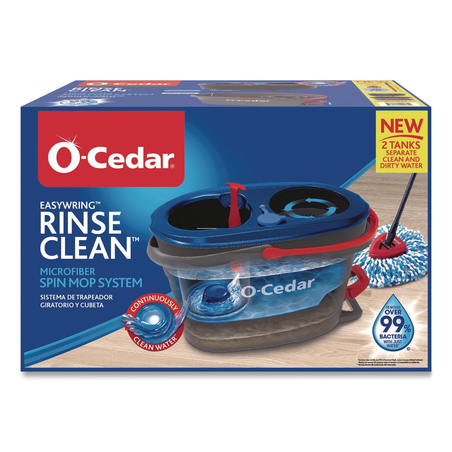 O-Cedar® EZWring RinseClean Spin Mop System, Blue/White Microfiber Head, Up to 51" Adjustable Red/Gray Handle
