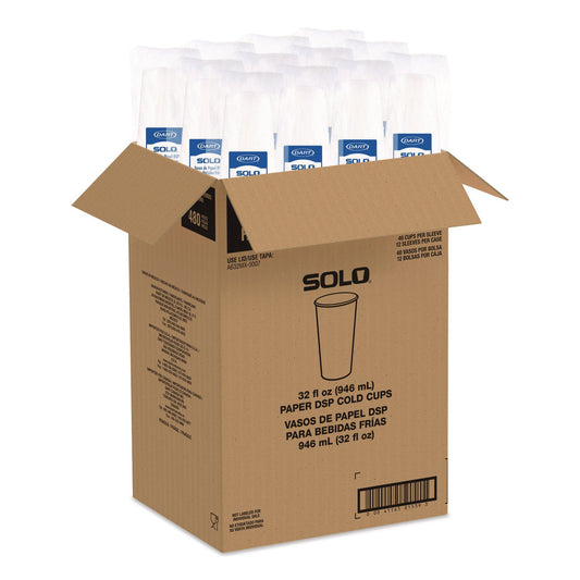 SOLO® Double Sided Poly (DSP) Paper Cold Cups, 28 oz to 32 oz, White, 40 Cups/Sleeve, 12 Sleeves/Carton