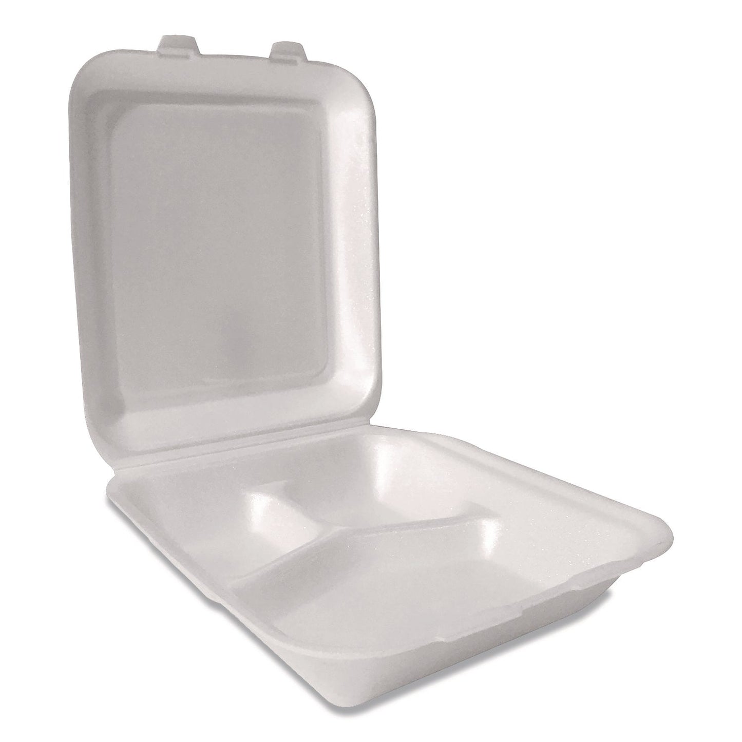 Plastifar Foam Hinged Lid Containers, 3-Compartment, 7.56 x 8.25 x 2.38, White, Foam, 200/Carton