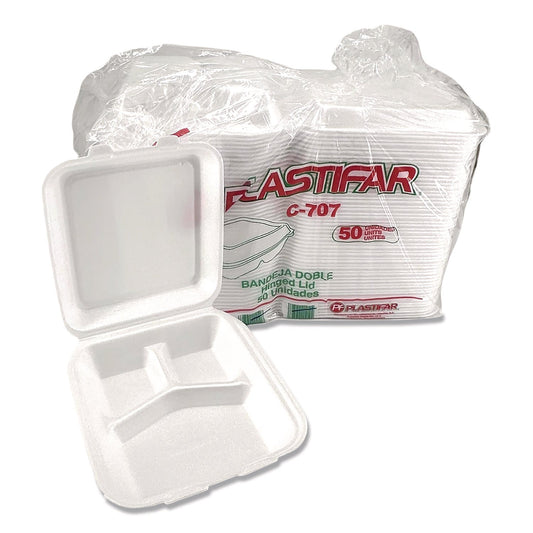 Plastifar Foam Hinged Lid Containers, 3-Compartment, 7.56 x 8.25 x 2.38, White, Foam, 200/Carton
