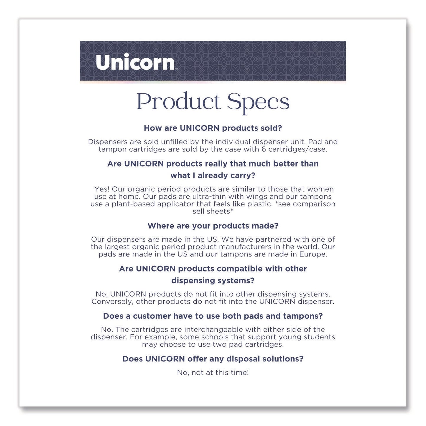 Unicorn™ Cotton Maxi Pads with Wings, Regular Absorbency, 40 Pads/Cartridge, 6 Cartridges/Pack