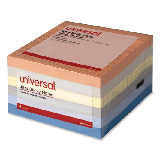 Universal® Ultra Sticky Note Pads, Note Ruled, 4" x 4", Assorted Colors, 100 Sheets/Pad, 6 Pads/Pack