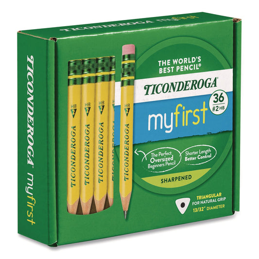 Ticonderoga® My First Short Pencil with Eraser, 3.6 mm, HB (#2), Black Lead/Yellow Barrel, 36/Pack