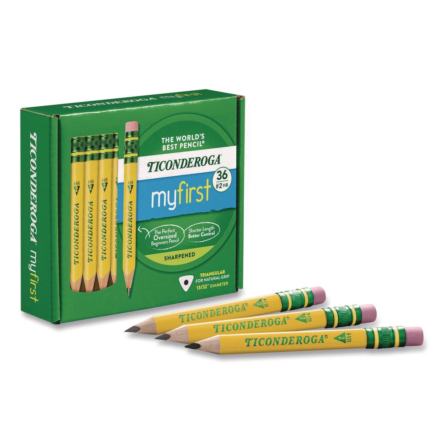 Ticonderoga® My First Short Pencil with Eraser, 3.6 mm, HB (#2), Black Lead/Yellow Barrel, 36/Pack