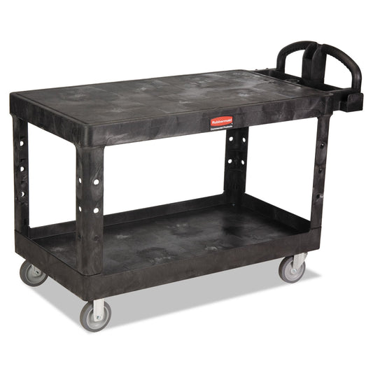 Rubbermaid® Commercial Heavy-Duty Utility Cart with Flat Shelves, Plastic, 2 Shelves, 500 lb Capacity, 25.25" x 54" x 36", Black