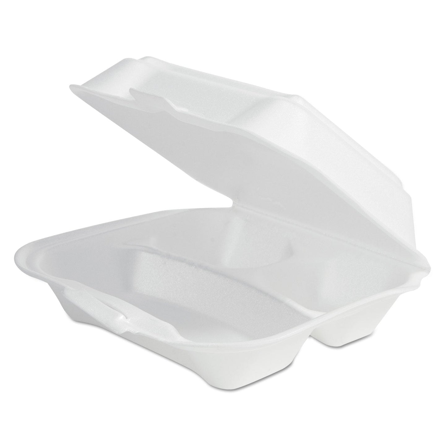 Plastifar Foam Hinged Lid Container Secure One Tab Latch, 3 Compartments, 7.81 x 8.75 x 3.38, White, 100/Sleeve, 2 Sleeves/Bag