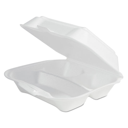 Plastifar Foam Hinged Lid Container Secure One Tab Latch, 3 Compartments, 7.81 x 8.75 x 3.38, White, 100/Sleeve, 2 Sleeves/Bag