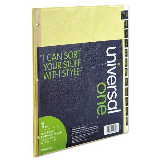 Universal® Deluxe Preprinted Simulated Leather Tab Dividers With Gold Printing, 12-Tab, Jan. To Dec., 11 X 8.5, Buff, 1 Set