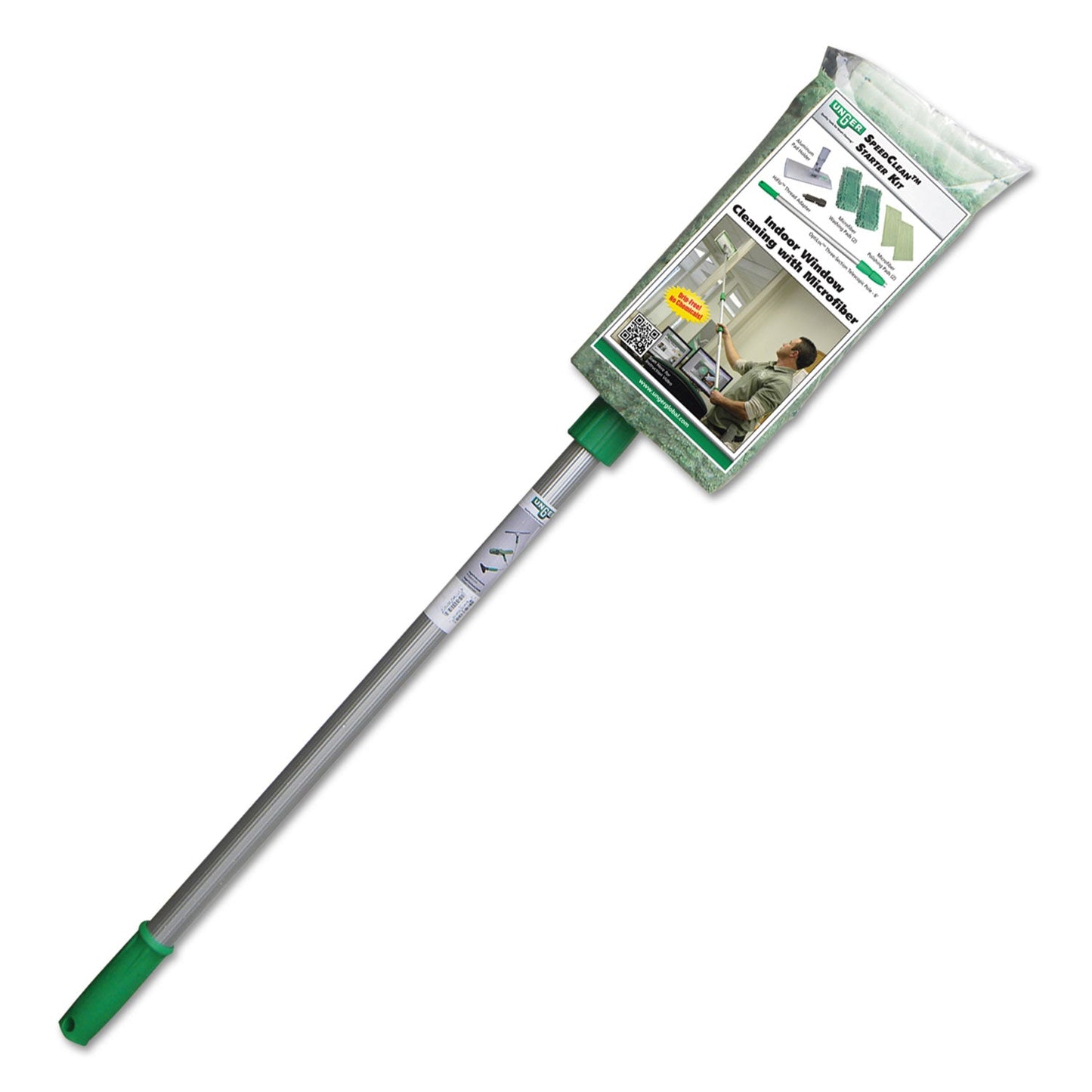 Unger® Speedclean Window Cleaning Kit, Aluminum, 72" Extension Pole, 8" Pad Holder, Silver/green