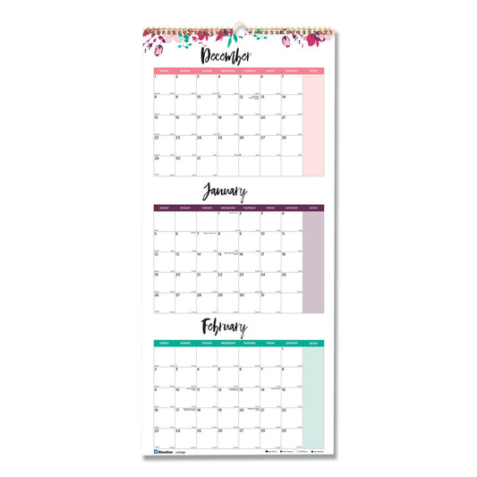 Blueline® 3-Month Wall Calendar, Colorful Leaves Artwork, 12.25 x 27, White/Multicolor Sheets, 14-Month (Dec to Jan): 2025