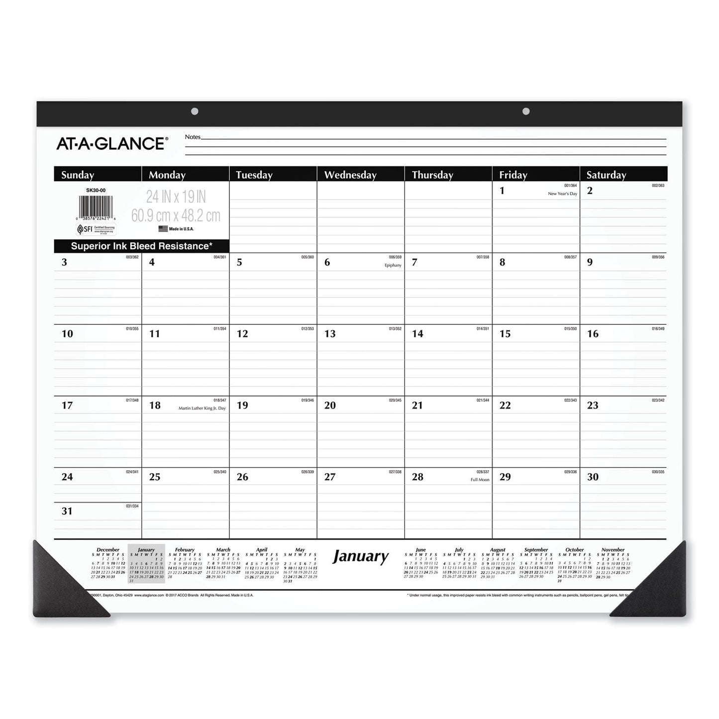AT-A-GLANCE® Ruled Desk Pad, 24 x 19, White Sheets, Black Binding, Black Corners, 12-Month (Jan to Dec): 2025