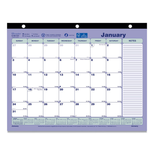 Brownline® Monthly Desk Pad Calendar, 3-Hole Punched, 11 x 8.5, White/Blue/Green Sheets, Black Binding, 12-Month (Jan to Dec): 2025