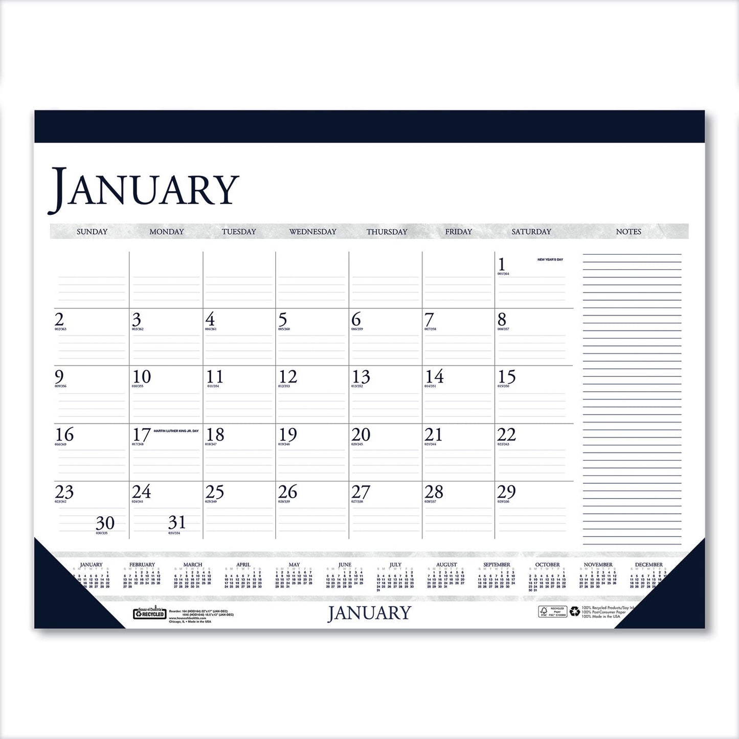 House of Doolittle™ Recycled Two-Color Monthly Desk Pad Calendar with Notes Section, 18.5 x 13, Blue Binding/Corners, 12-Month (Jan-Dec): 2025