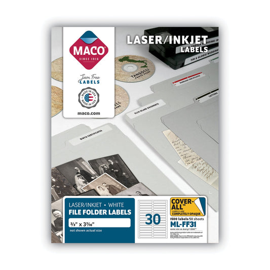 MACO® Cover-All Opaque File Folder Labels, Inkjet/laser Printers, 0.66 X 3.44, White, 30 Labels/sheet, 50 Sheets/box