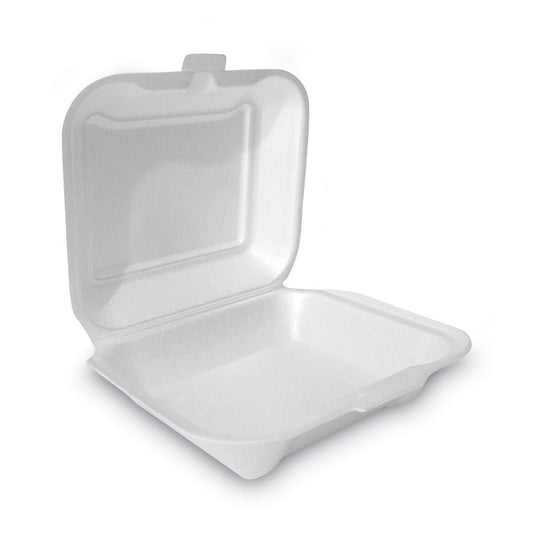 Plastifar Foam Hinged Lid Container, Secure One Tab Latch, Poly Bag, 7.81 X 8.75 X 3.38, White, 100/sleeve, 2 Sleeves/bag, 1 Bag/pack