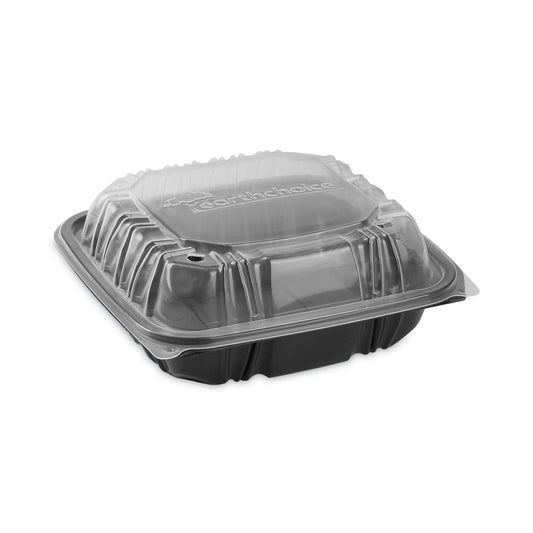 Pactiv Evergreen EarthChoice Vented Dual Color Microwavable Hinged Lid Container, 28 oz, 7.5 x 7.5 x 3, Black/Clear, Plastic, 150/Carton