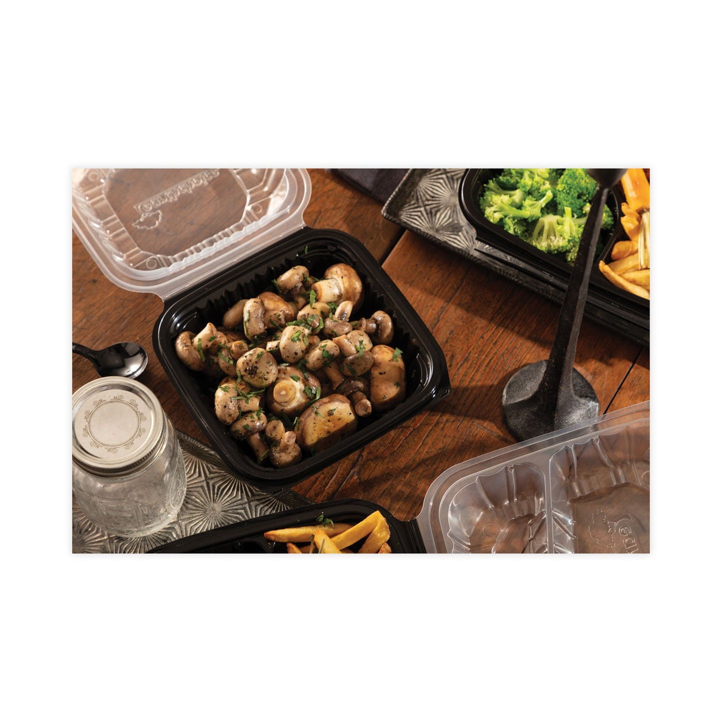 Pactiv Evergreen EarthChoice Vented Dual Color Microwavable Hinged Lid Container, 28 oz, 7.5 x 7.5 x 3, Black/Clear, Plastic, 150/Carton