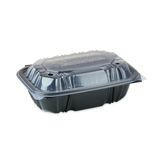 Pactiv Evergreen EarthChoice Vented Dual Color Microwavable Hinged Lid Container, 34 oz, 9 x 6 x 3, Black/Clear, Plastic, 140/Carton