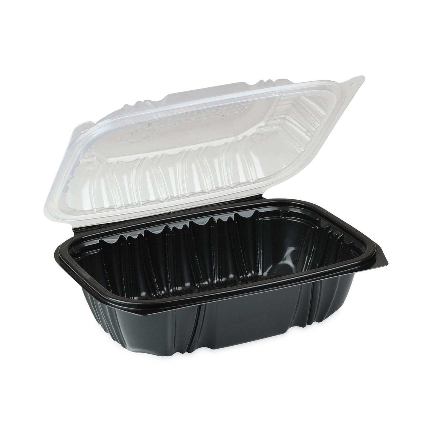 Pactiv Evergreen EarthChoice Vented Dual Color Microwavable Hinged Lid Container, 34 oz, 9 x 6 x 3, Black/Clear, Plastic, 140/Carton