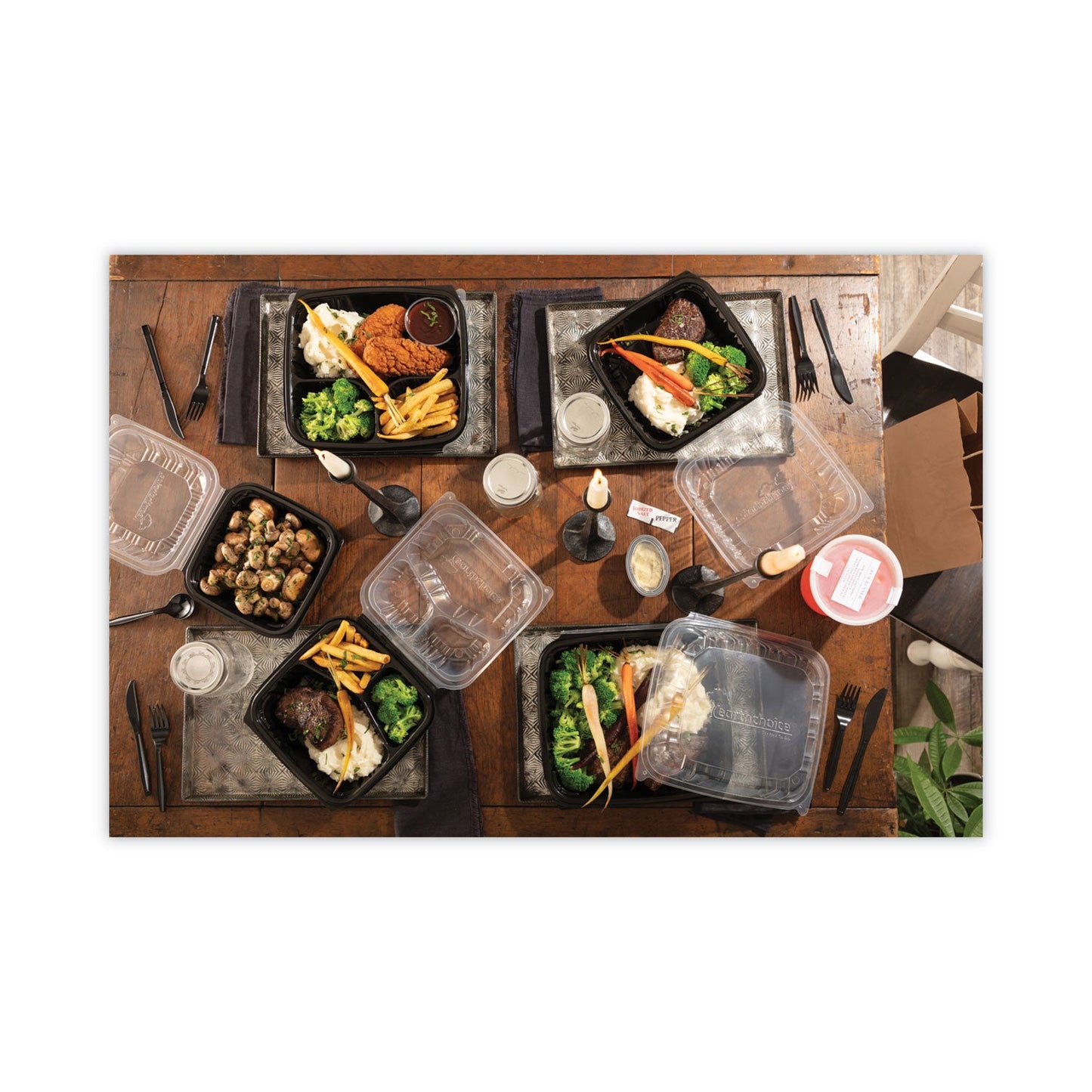Pactiv Evergreen EarthChoice Vented Dual Color Microwavable Hinged Lid Container, 34 oz, 9 x 6 x 3, Black/Clear, Plastic, 140/Carton