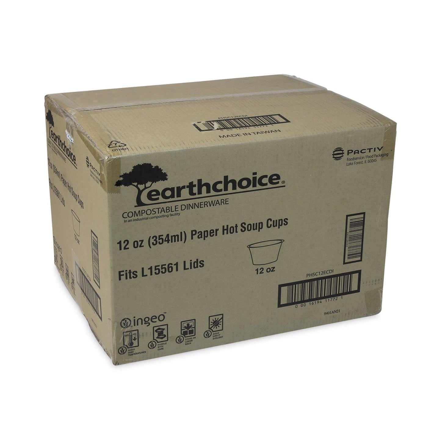 Pactiv Evergreen EarthChoice Compostable Soup Cup, Medium, 12 oz, 3.63" Diameter x 3.63" h, Teal, Paper, 500/Carton