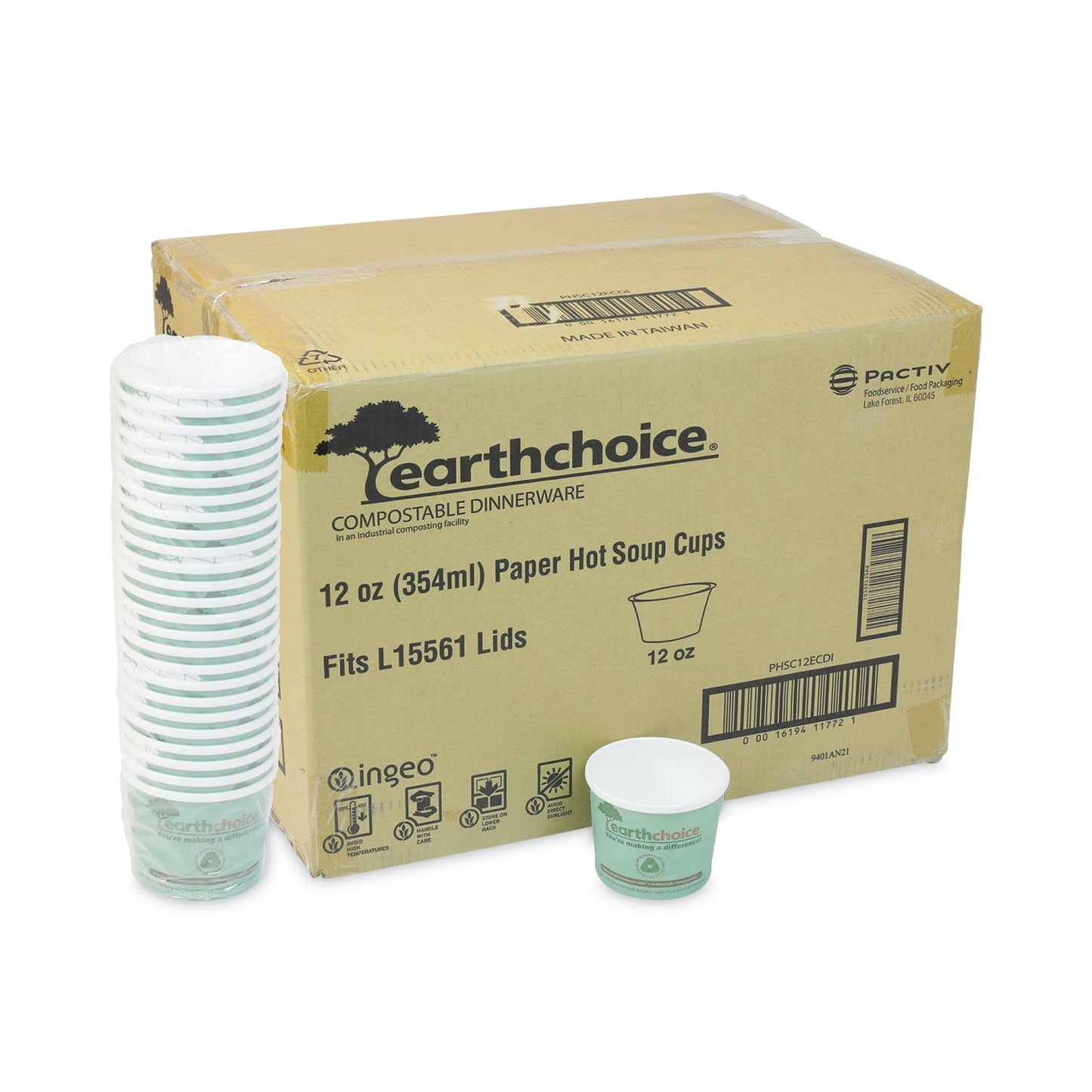Pactiv Evergreen EarthChoice Compostable Soup Cup, Medium, 12 oz, 3.63" Diameter x 3.63" h, Teal, Paper, 500/Carton