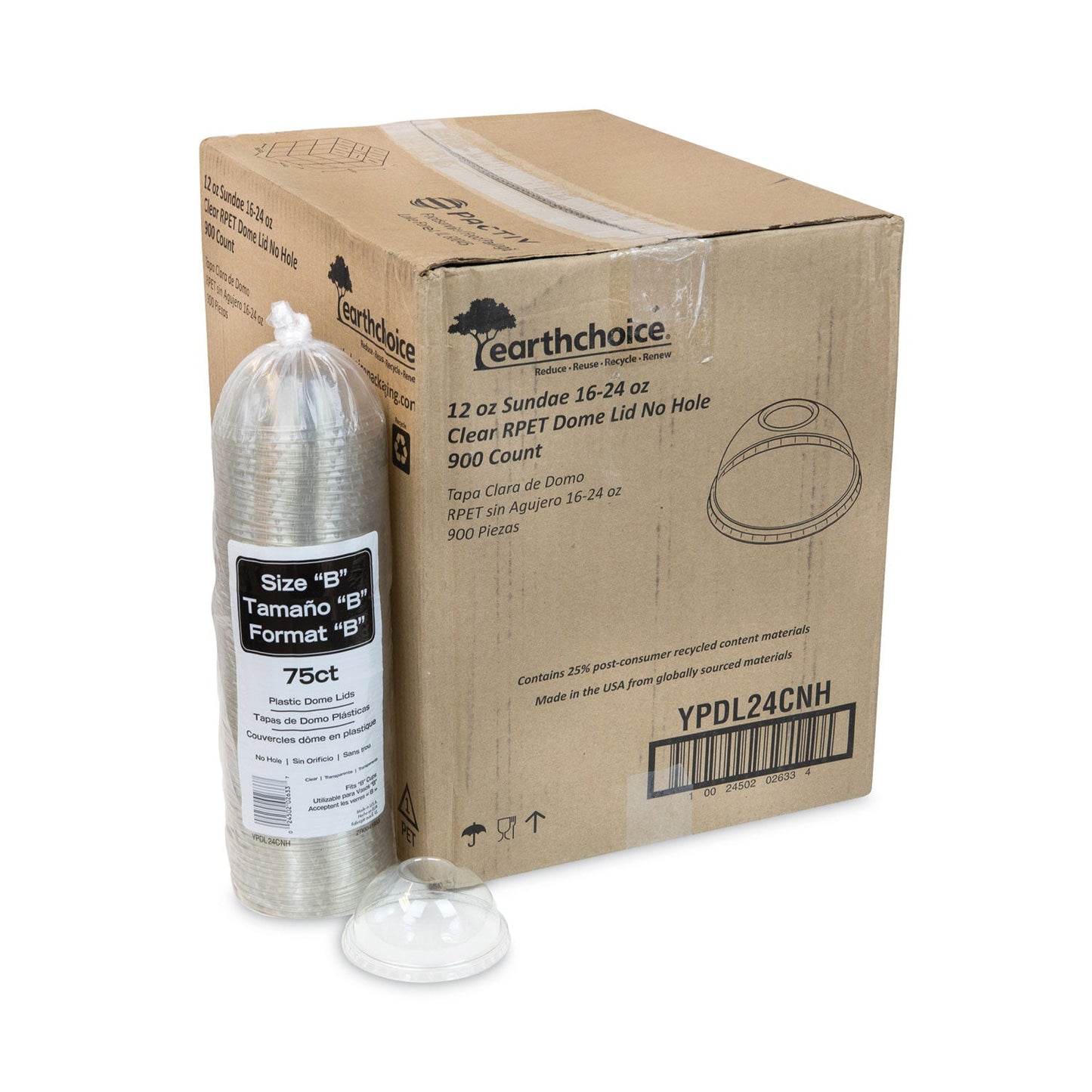 Pactiv Evergreen EarthChoice Strawless RPET Lid, Dome Lid, Fits 12 oz to 24 oz "B" Cups, Plastic, Clear, 1,020/Carton