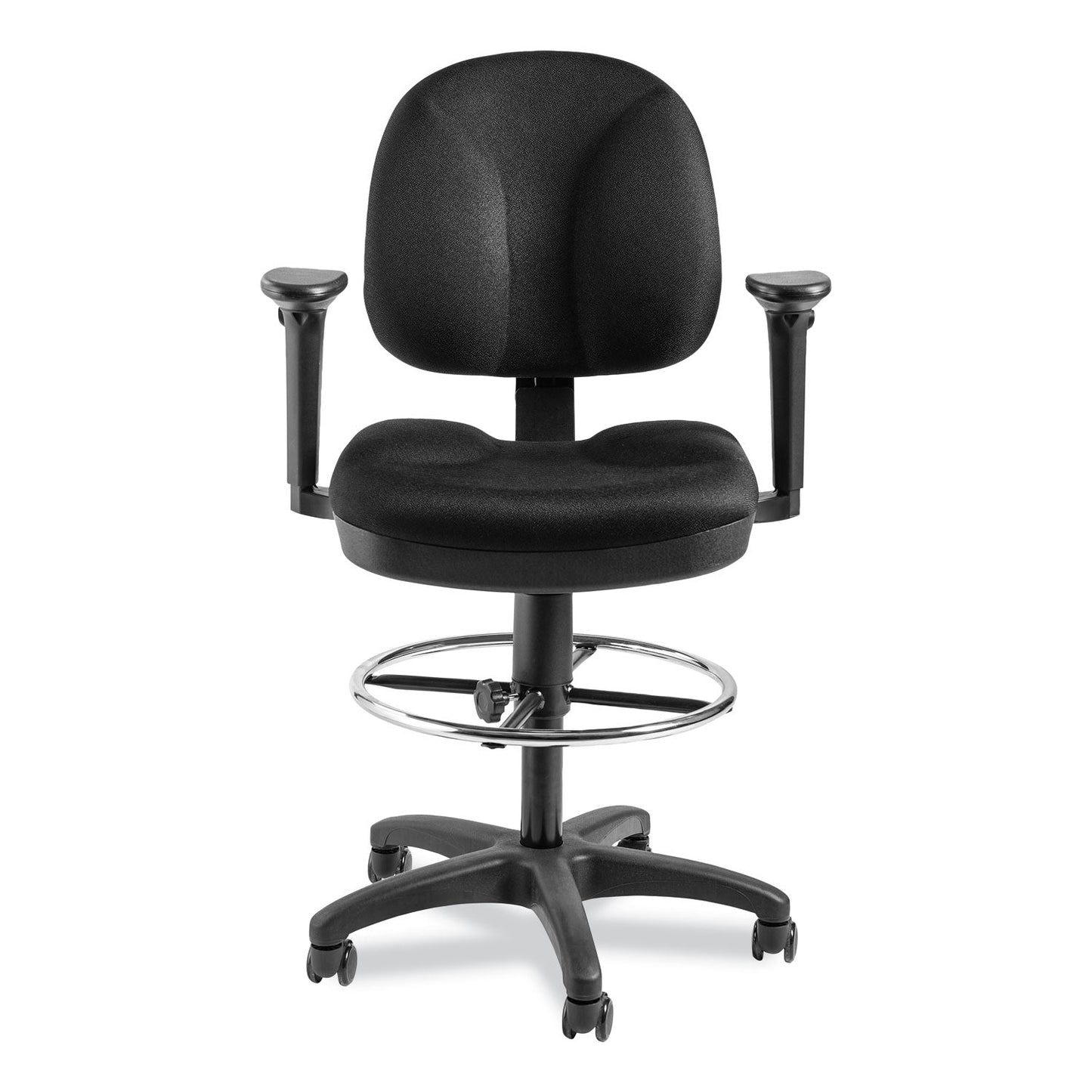 NPS® Comfort Task Stool with Arms, Supports Up to 300 lb, 25.5" to 35.5" Seat Height, Black Seat, Black Back, Black Base