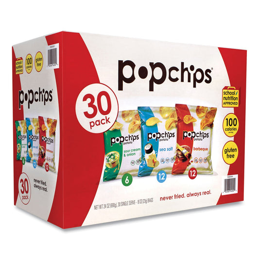 popchips® Potato Chips, Variety Pack, Barbeque, Sea Salt, Sour Cream and Onion, 0.8 oz Bag, 30/Pack