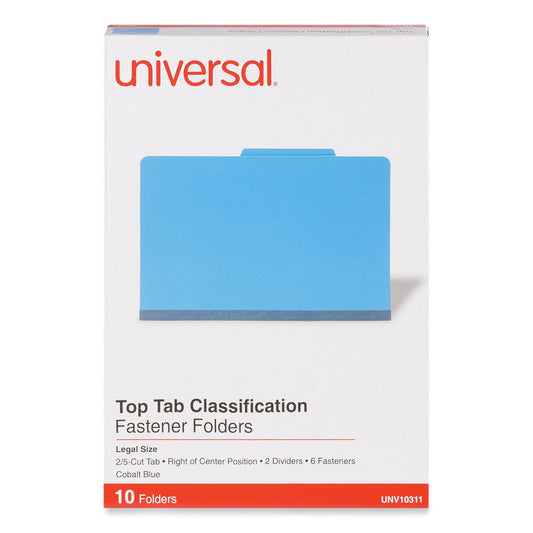 Universal® Bright Colored Pressboard Classification Folders, 2" Expansion, 2 Dividers, 6 Fasteners, Legal Size, Cobalt Blue, 10/Box