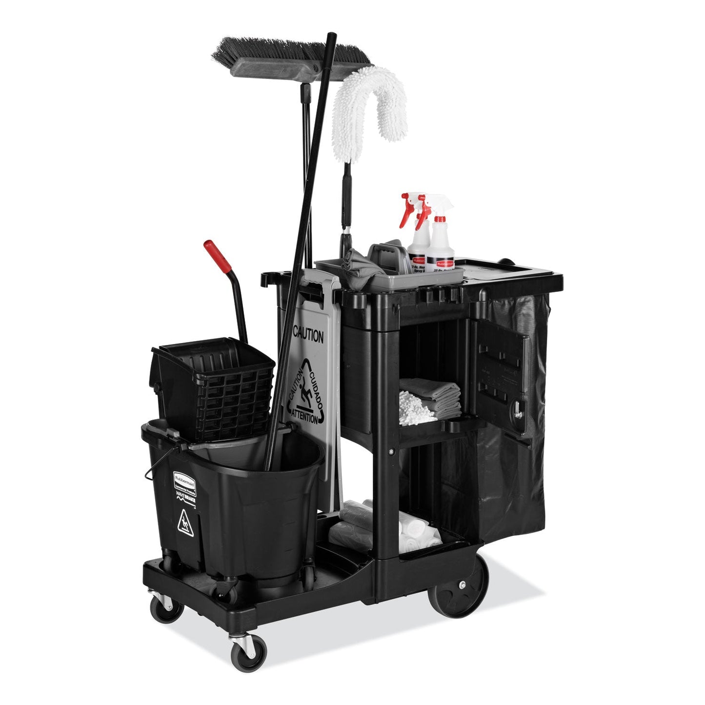 Rubbermaid® Commercial Executive Janitorial Cleaning Cart, Plastic, 4 Shelves, 1 Bin, 12.1" x 22.4" x 23", Black