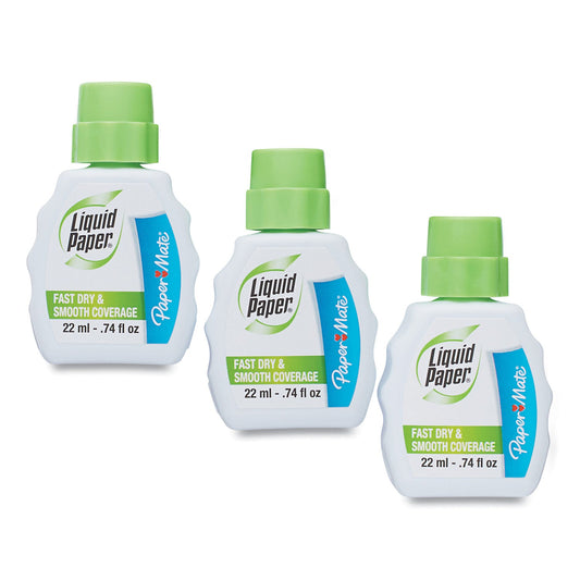 Paper Mate® Liquid Paper® Fast Dry Correction Fluid, 22 Ml Bottle, White, 3/pack