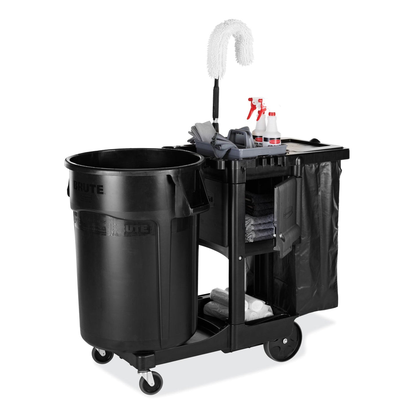 Rubbermaid® Commercial Executive Janitorial Cleaning Cart, Plastic, 4 Shelves, 1 Bin, 12.1" x 22.4" x 23", Black