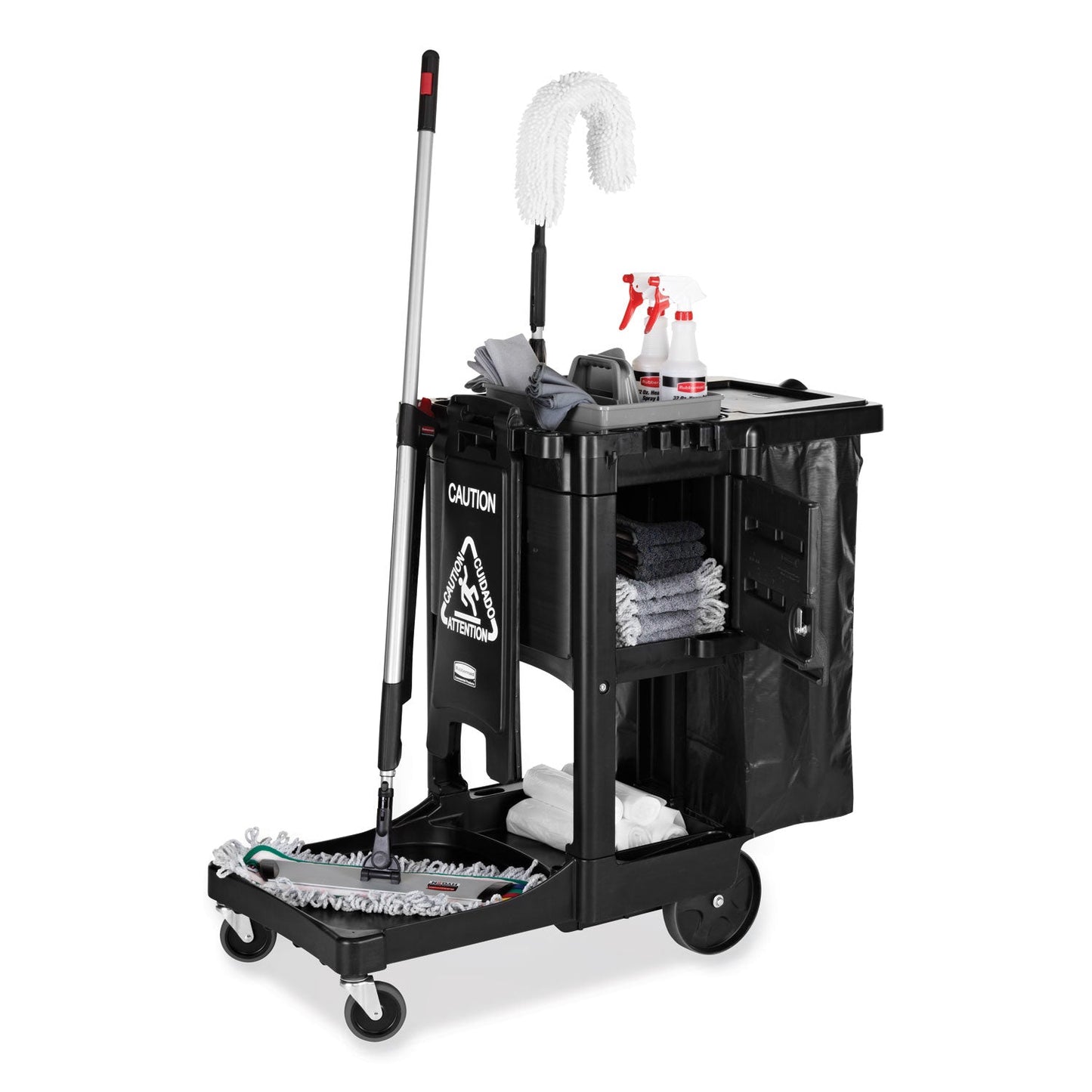 Rubbermaid® Commercial Executive Janitorial Cleaning Cart, Plastic, 4 Shelves, 1 Bin, 12.1" x 22.4" x 23", Black