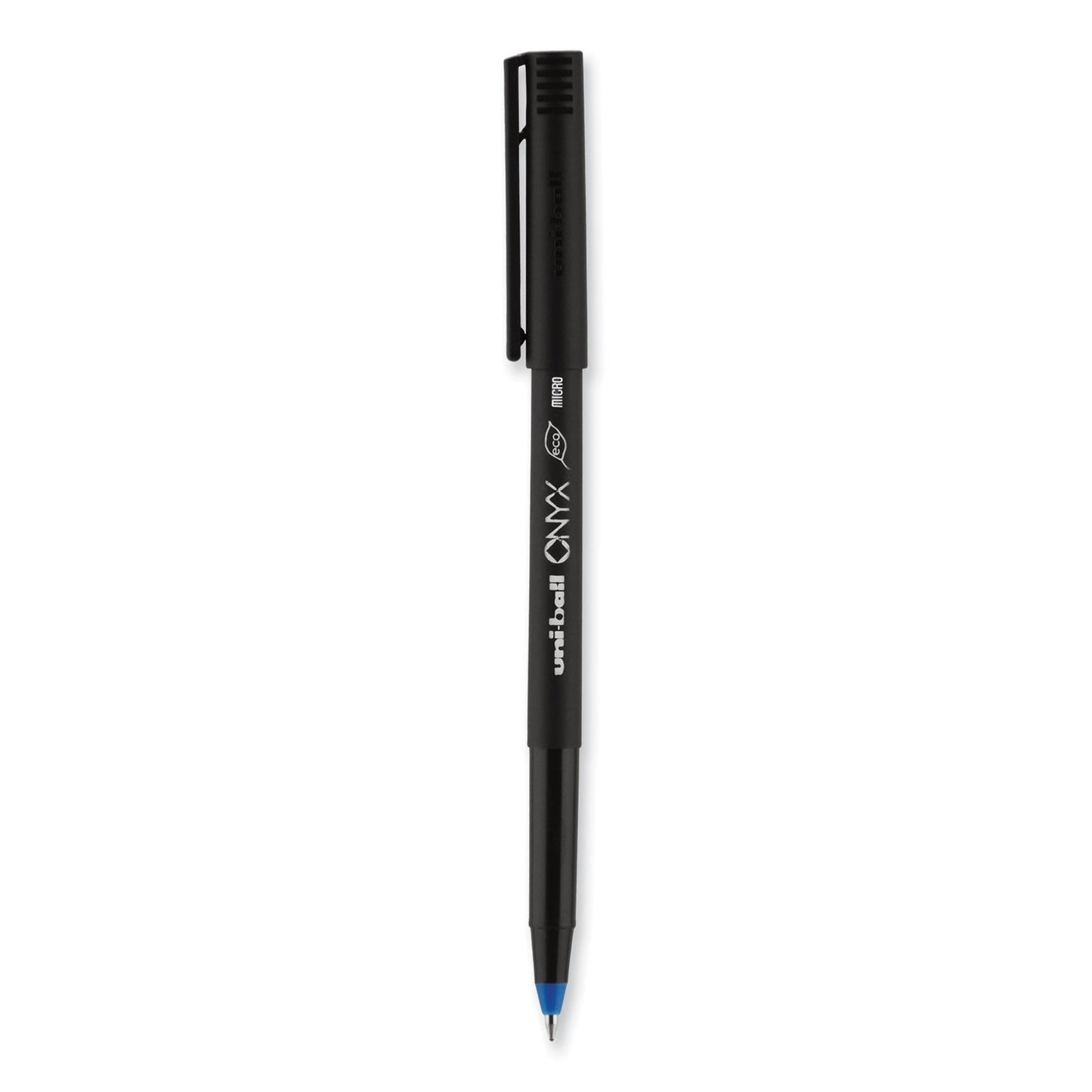 uniball® ONYX Rollerball Pen, Stick, Extra-Fine 0.5 mm, Blue Ink, Black/Blue Barrel, Dozen