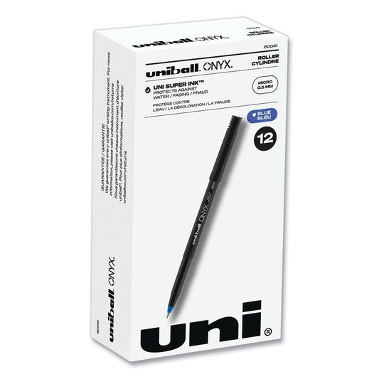 uniball® ONYX Rollerball Pen, Stick, Extra-Fine 0.5 mm, Blue Ink, Black/Blue Barrel, Dozen