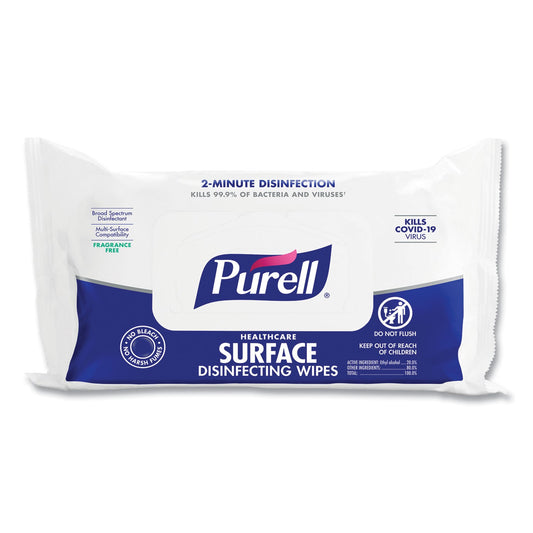 PURELL® Healthcare Surface Disinfecting Wipes, 1-Ply, 7" x 10", Unscented, White, 72/Pack