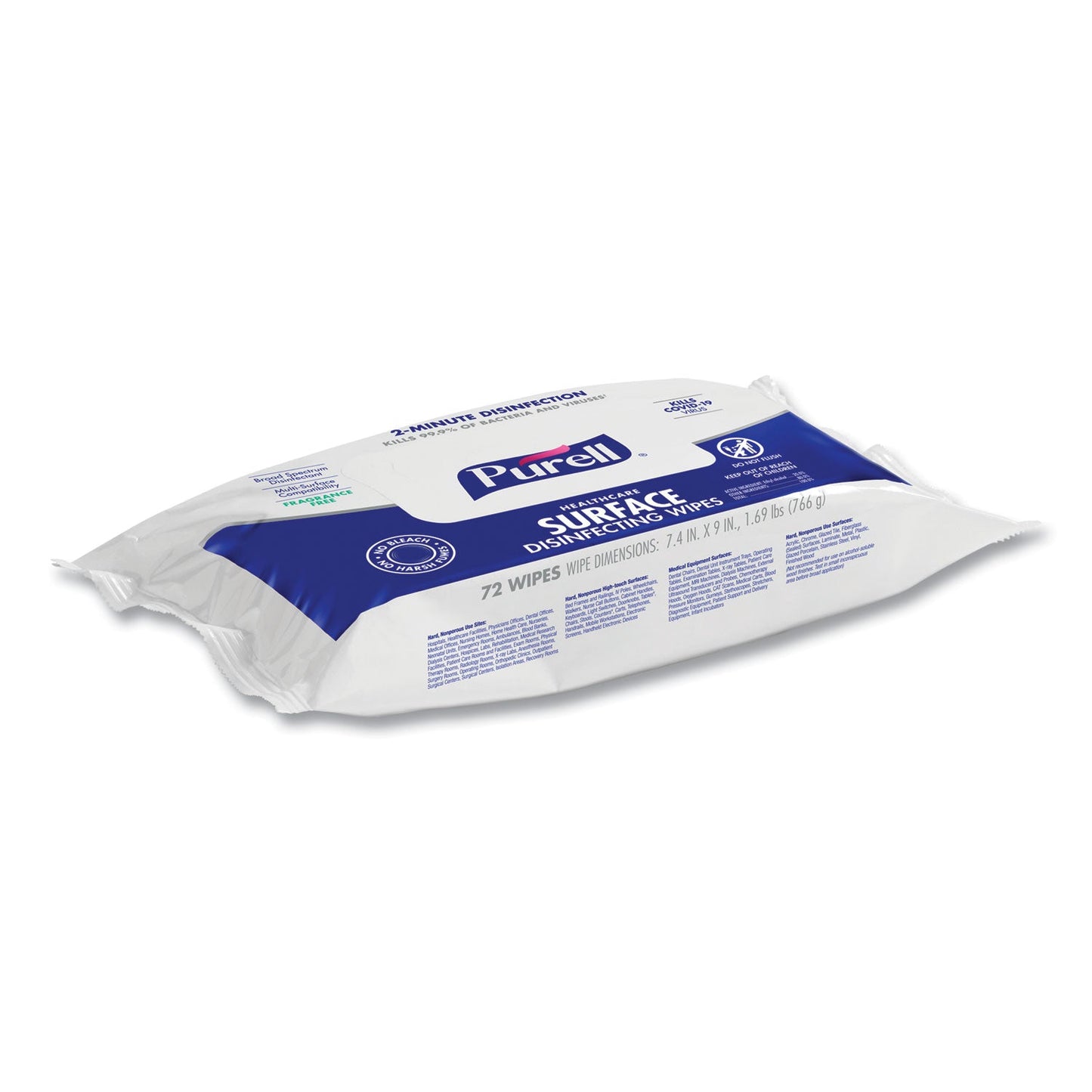 PURELL® Healthcare Surface Disinfecting Wipes, 1-Ply, 7" x 10", Unscented, White, 72/Pack