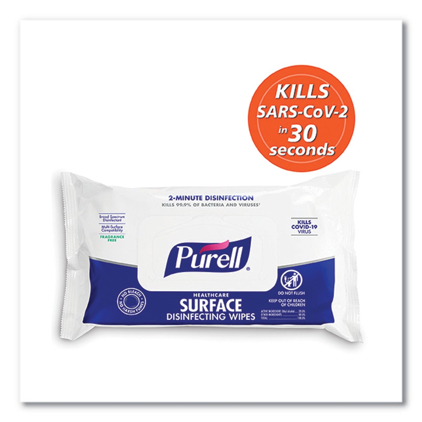 PURELL® Healthcare Surface Disinfecting Wipes, 1-Ply, 7" x 10", Unscented, White, 72/Pack