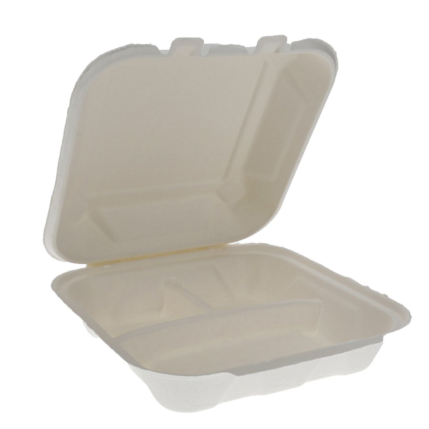 Pactiv Evergreen EarthChoice PFAS Free Compostable Hinged Lid Container, 3 Compartments, 8 x 8 x 3, Natural, Sugarcane, 150/Carton