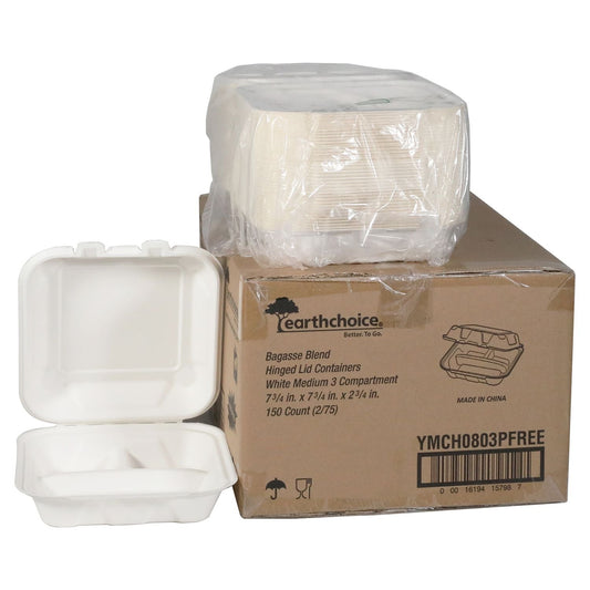 Pactiv Evergreen EarthChoice PFAS Free Compostable Hinged Lid Container, 3 Compartments, 8 x 8 x 3, Natural, Sugarcane, 150/Carton
