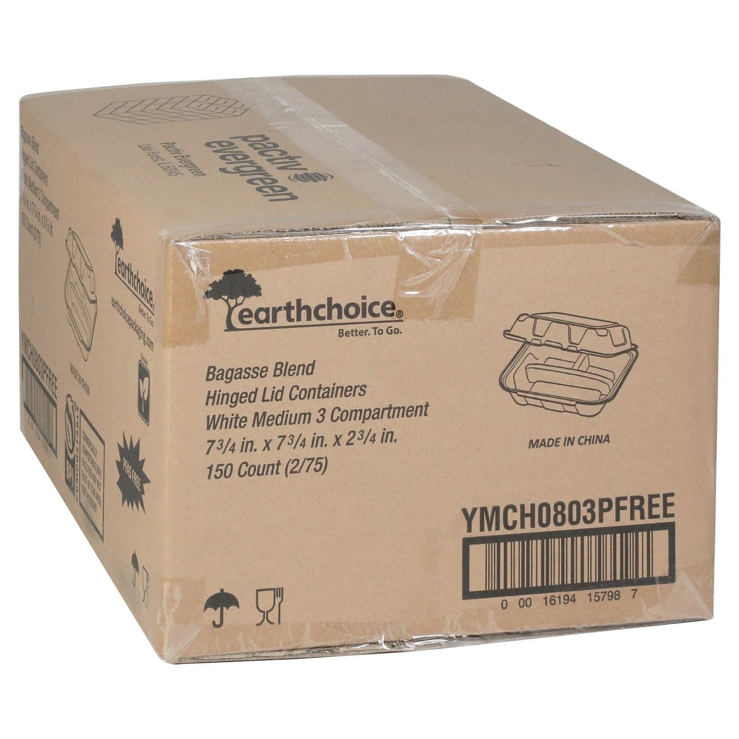 Pactiv Evergreen EarthChoice PFAS Free Compostable Hinged Lid Container, 3 Compartments, 8 x 8 x 3, Natural, Sugarcane, 150/Carton