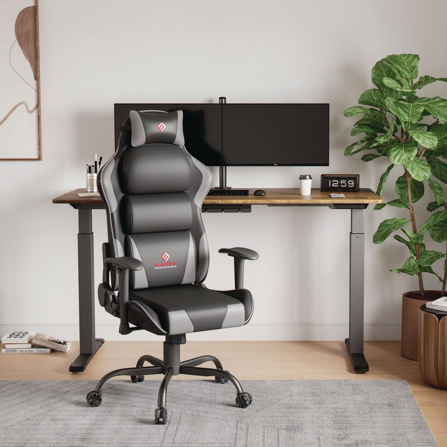 Eureka Ergonomic® Hector Ergonomic Chair, Supports Up to 300 lb, 20.25" - 24.25" Seat Height, Black PU Leather Seat, Black/Gray PU Leather Back