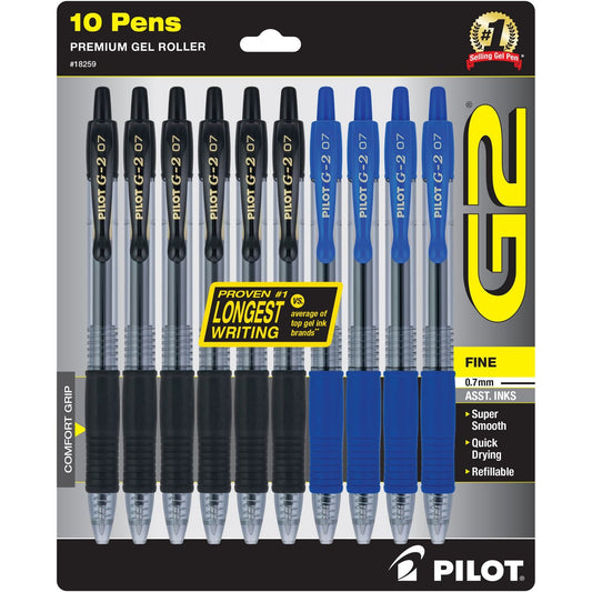 Pilot® G2 Premium Gel Pen, Retractable, Fine 0.7 mm, Assorted Ink and Barrel Colors, 10/Pack