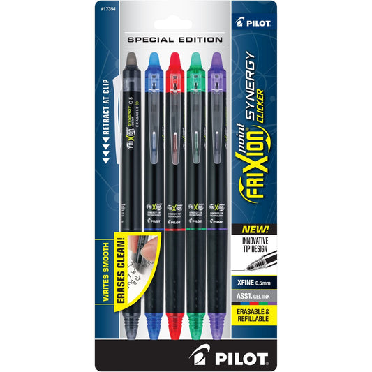 Pilot® FriXion Synergy Clicker Erasable Gel Pen, Retractable, Extra-Fine 0.5 mm, Assorted Ink and Barrel Colors, 5/Pack