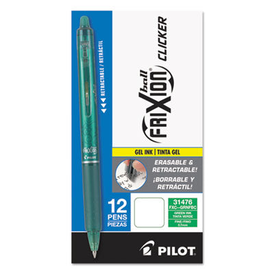 Pilot® Frixion Clicker Erasable Gel Pen, Retractable, Fine 0.7 Mm, Green Ink, Green Barrel, Dozen